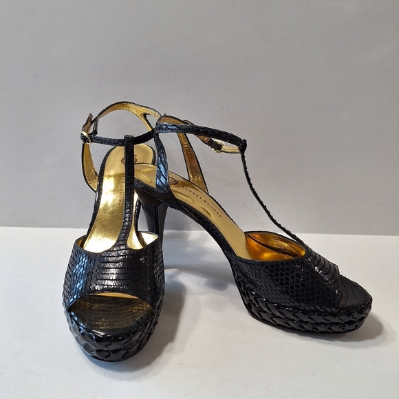 Audrey Brooke Black Yesenie Leather Snake T-Strap Platform Stiletto Heels 8.5 - Picture 6 of 13